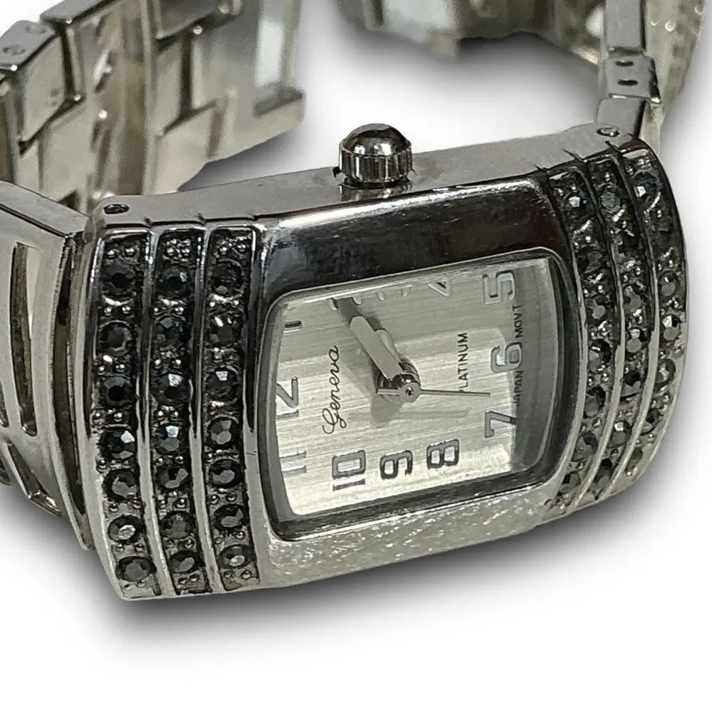 Geneva Y2K Vintage Platinum with Back & Crystal Rhinestones Tonneau Shaped Face